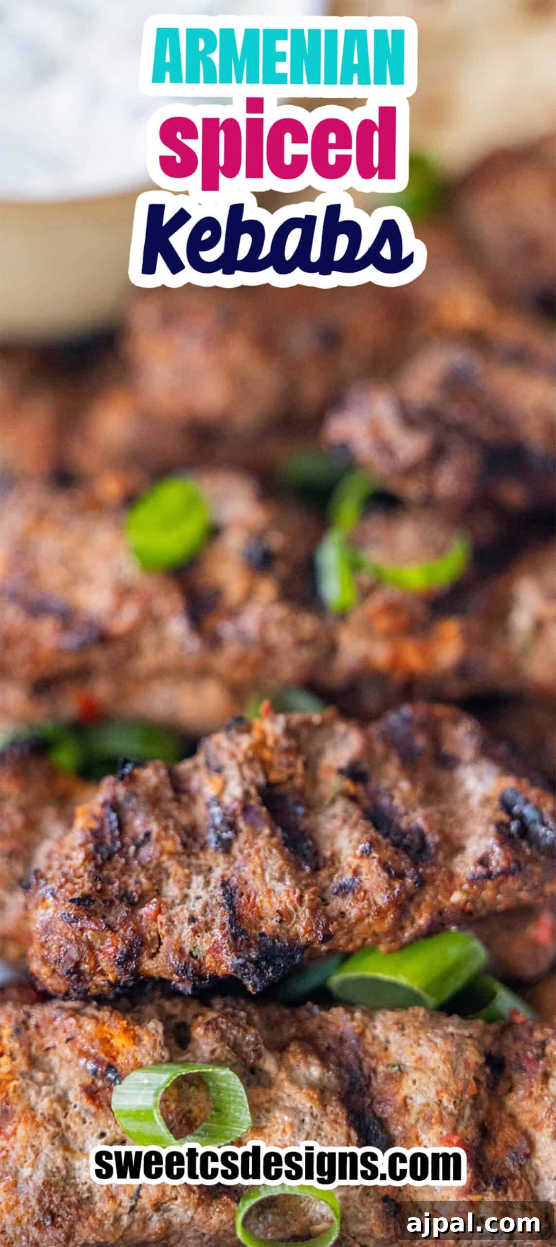 Armenian Spiced Lamb Kebabs Recipe with Authentic Seasoning 17 Grilled Armenian kebabs made with spiced meat, garnished with sliced green onions, shown close-up with a blurred background.