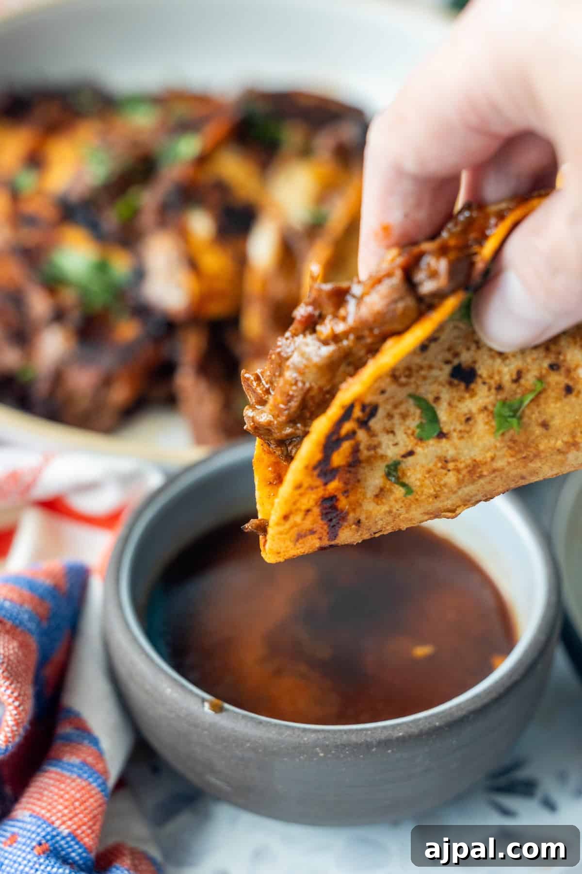 Authentic Birria Tacos Recipe: Juicy Mexican Beef Tacos 12 A hand dips a Birria Taco filled with tender meat into a bowl of rich consommé.