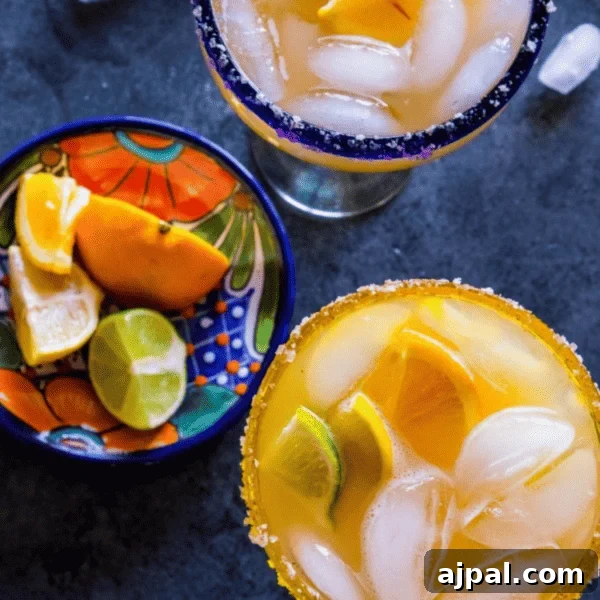 Authentic Birria Tacos Recipe: Juicy Mexican Beef Tacos 16 Two glasses of Four Citrus Margaritas with limes and oranges.