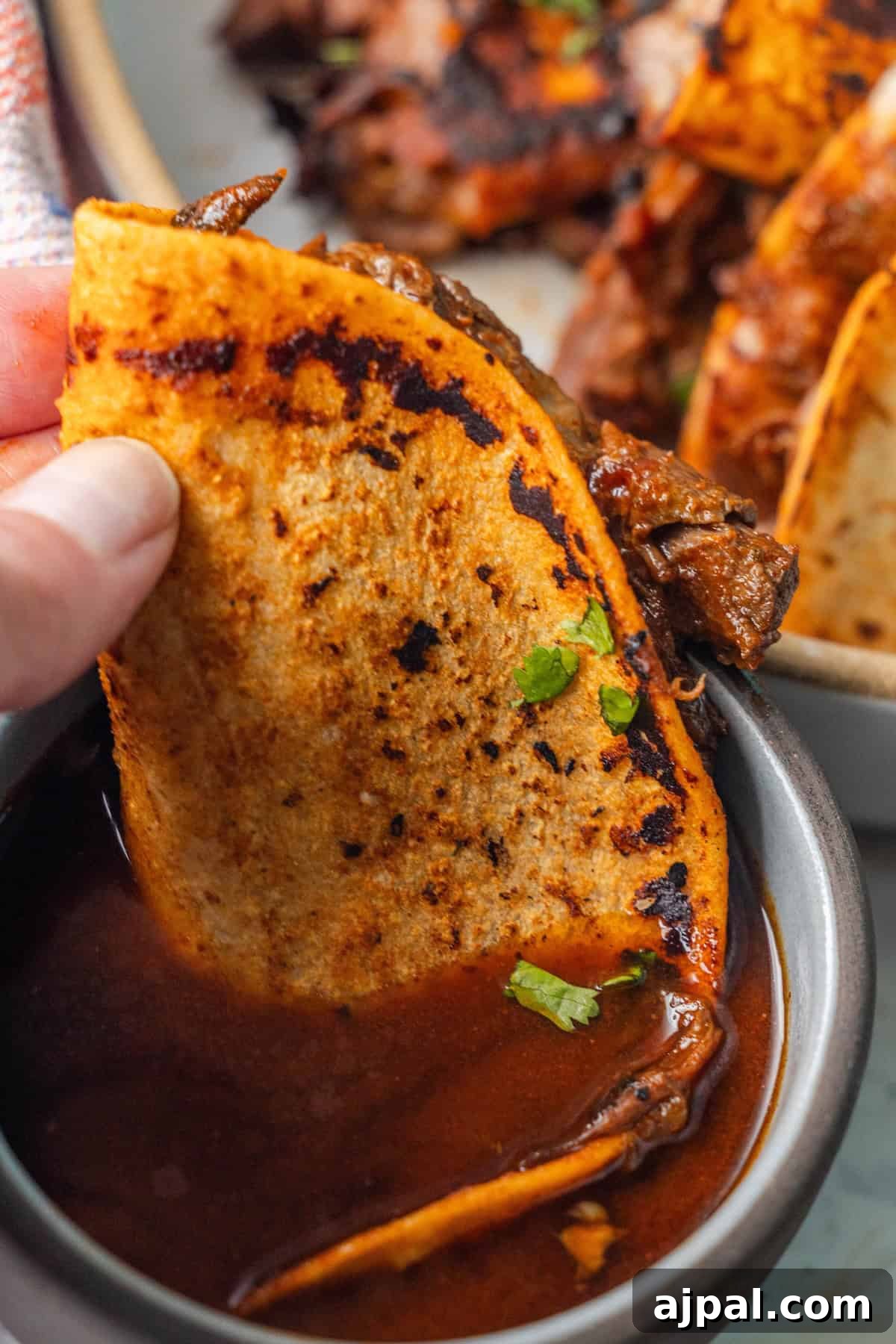 Authentic Birria Tacos Recipe: Juicy Mexican Beef Tacos 3 A hand dips a crispy, folded Birria Taco filled with meat into a small bowl of reddish-brown consommé sauce.