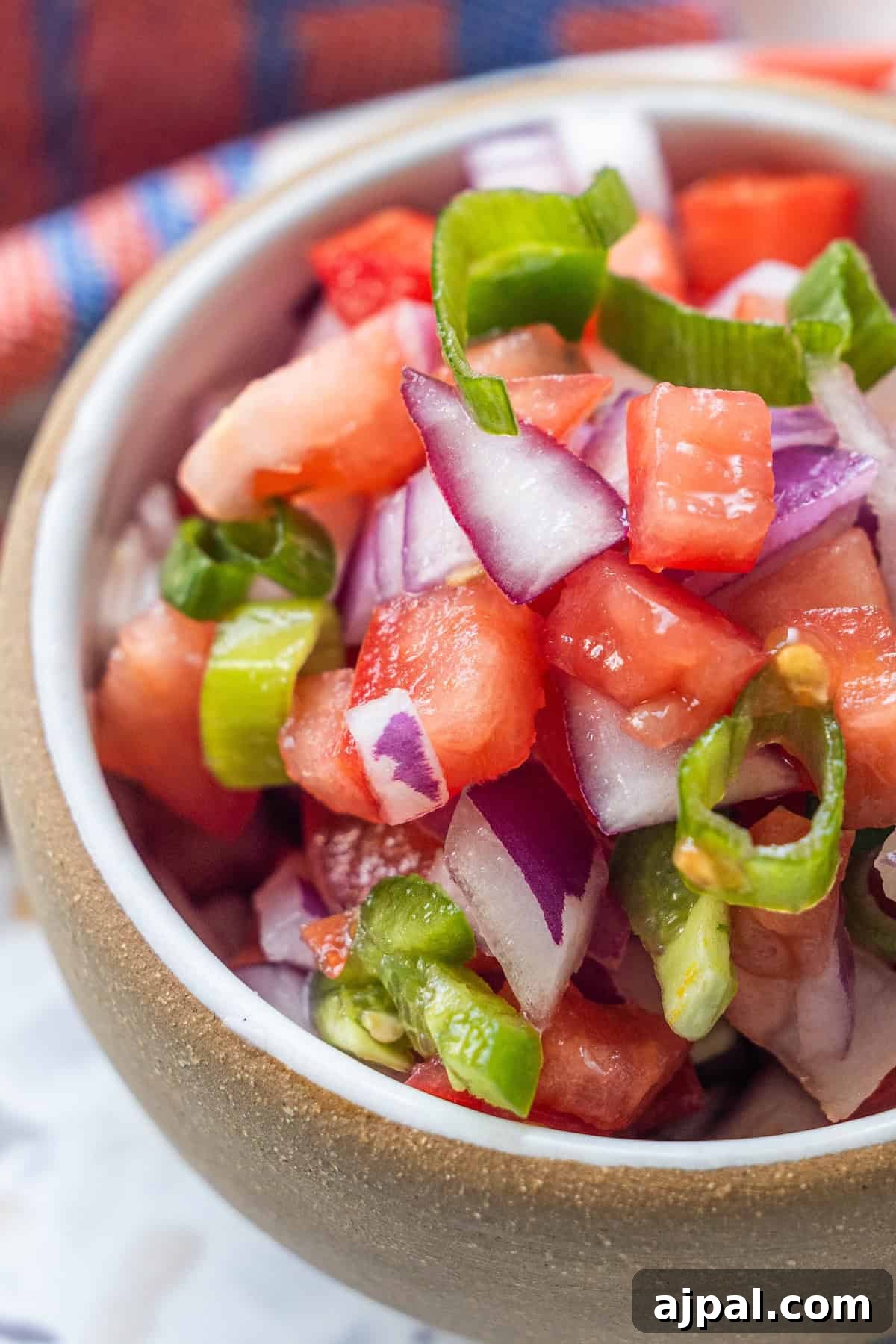 Pico de Gallo Recipe: Fresh Mexican Tomato Salsa 2 A close-up of a bowl filled with chopped tomatoes, red onions, and green peppers, with a colorful cloth in the background.