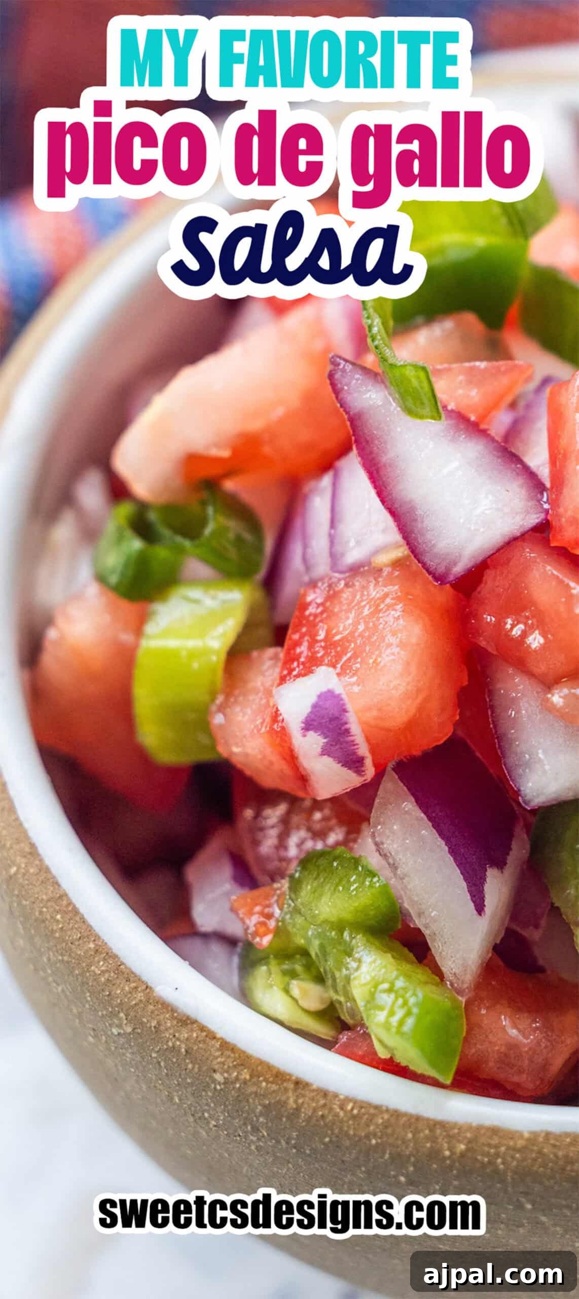 Pico de Gallo Recipe: Fresh Mexican Tomato Salsa 11 Close-up of fresh Mexican food favorite, Pico de Gallo salsa, in a bowl—showing vibrant chopped tomatoes, red onions, and green peppers.