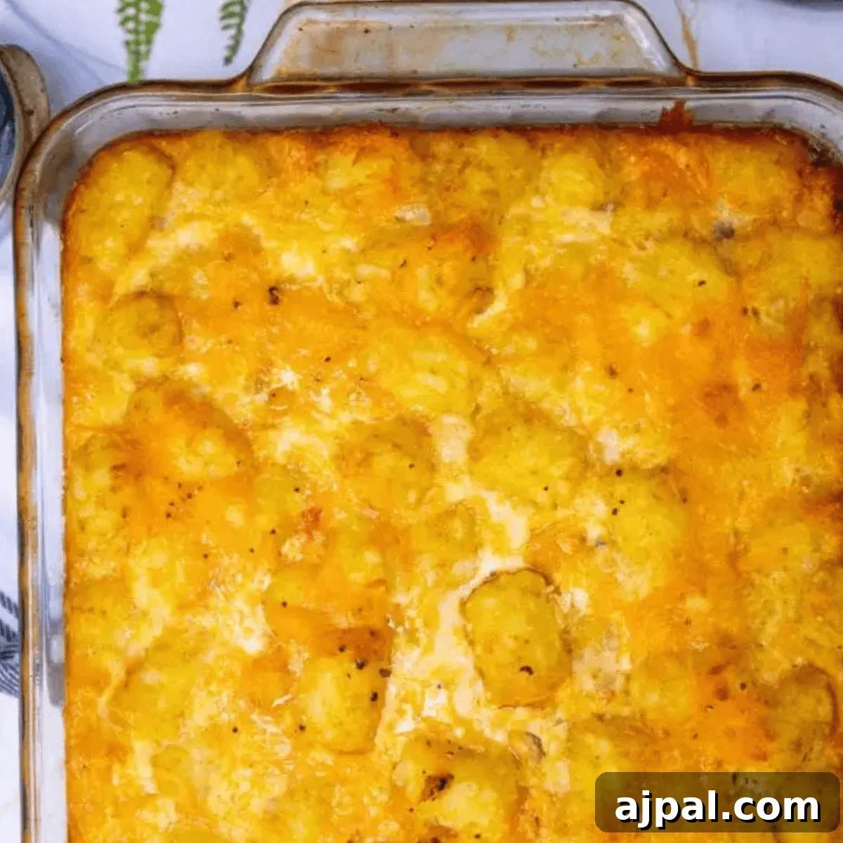 30 Back-to-School Meals That Reheat Perfectly 2 A glass baking dish filled with golden-brown tater tot breakfast casserole topped with melted cheese.
