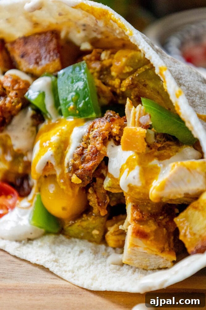 30 Back-to-School Meals That Reheat Perfectly 16 A chicken shawarma burrito on a wooden cutting board.