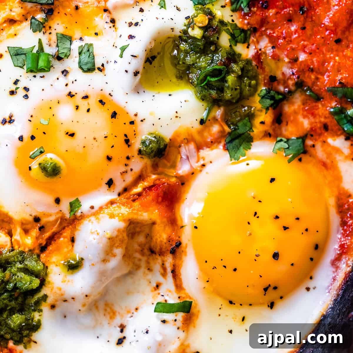 30 Back-to-School Meals That Reheat Perfectly 4 Close-up of three sunny-side-up eggs in a vibrant shakshuka, garnished with green herbs and pesto, seasoned with black pepper, and set in a rich red sauce—a classic Middle Eastern breakfast.