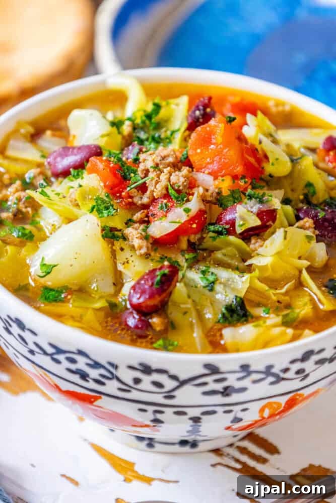30 Back-to-School Meals That Reheat Perfectly 10 A bowl of cabbage soup with ground beef and vegetables.