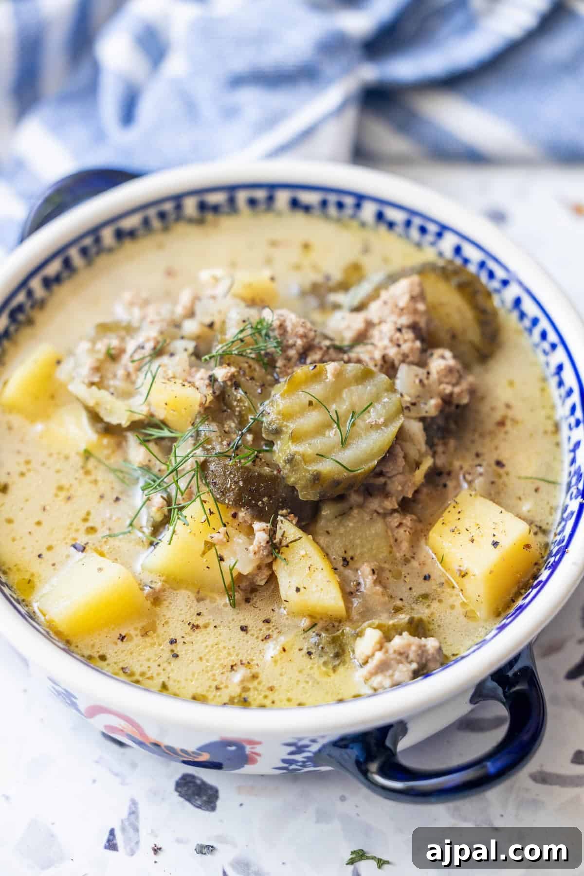 Bowl of creamy soup with ground meat, potato chunks, sliced pickles, and herbs, served in a patterned ceramic bowl.