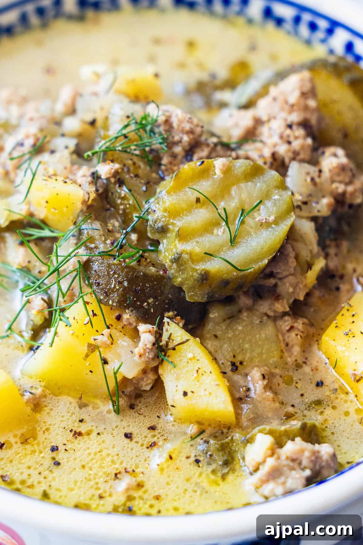 Close-up of creamy soup with sliced pickles, yellow potatoes, and fresh dill.
